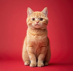 Obraz premium A full-body shot of an orange cat sitting and looking at the camera, isolated on a red background with no shadows