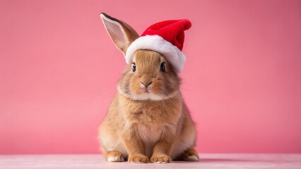 Fototapeta premium Cute Brown Bunny in Santa Hat on Pink Background - Christmas Stock Photo