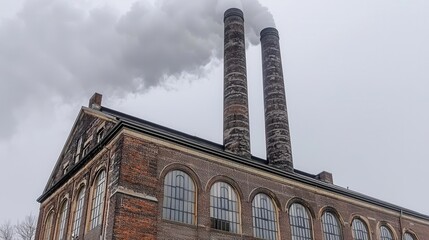 Fototapeta premium Industrial facility emitting smoke urban setting overcast conditions ground level environmental impact