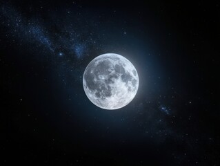 Naklejka premium The full moon glowing brilliantly amidst a galaxy of sparkling stars, ethereal beams illuminating the cosmic expanse