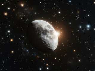 The full moon glowing brilliantly amidst a galaxy of sparkling stars, ethereal beams illuminating the cosmic expanse