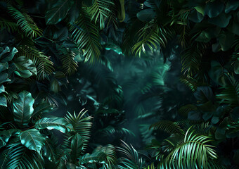 Fototapeta premium Lush Tropical Foliage with Sunlight Filtering Through in a Mystical Rainforest