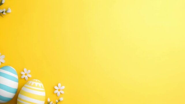 Colorful Easter chocolate eggs in pastel color on yellow background. Happy Easter concept. Decorated multicolored spring background for greeting card, banner, poster, flyer with copy space 