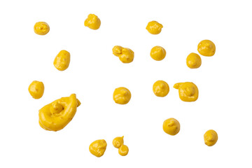 Yellow sauce splashes isolated on white background.