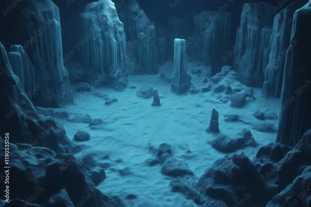 Poster a frozen tundra with intricately detailed ice formations and soft snow textures.
