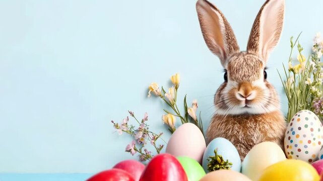 Happy Easter. Cute rabbit with decorated colorful easter eggs on pastel light blue background with copy space. Creative minimal concept for greeting card. Spring invitation, flyer, border, banner