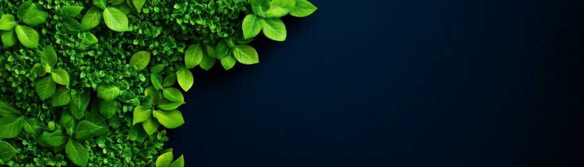Lush Greenery on Dark Background: Vibrant green leaves create a lush, natural border against a deep navy blue backdrop, offering a sophisticated and eco-friendly aesthetic.