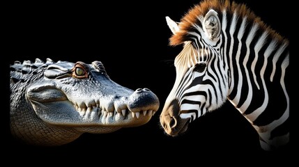 Crocodile and Zebra Contrasting Beauty of Wildlife on a Black Background, Portrait Style