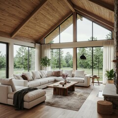 rustic modern living room, vaulted wooden ceiling, exposed beams, large panoramic windows, countryside view, stone walls, cozy white sofas, round coffee table, minimalist decor, fireplace, natural lig