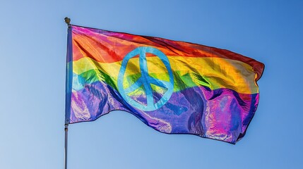 Fototapeta premium Rainbow peace flag waving in blue sky.