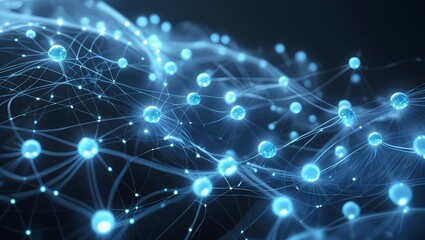 Abstract AI Network with Blue Light Illuminated Interconnected Nodes