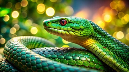 Fototapeta premium Defensive Green Snake, Bokeh Background, Reptile, Wildlife Photography