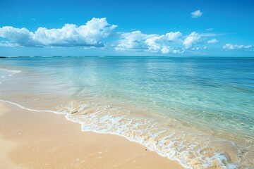 A serene beach scene with sparkling clear water and soft, sandy shore, A tranquil beach scene with crystal clear waters and a soft sandy shore