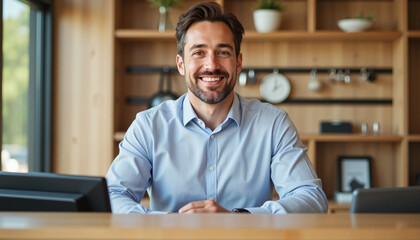 Fototapeta premium Smiling male receptionist at hotel front desk, welcoming hospitality