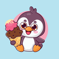 Cute Penguin Chicken Mascot Holding Ice Cream