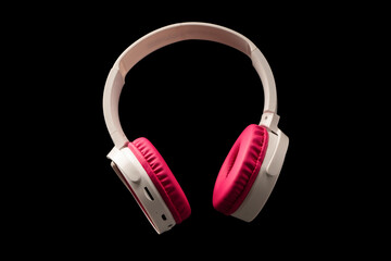 Pink and white headphones isolated on a black background.