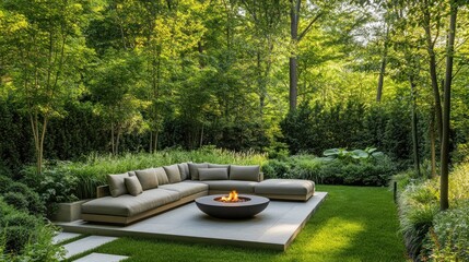 Fototapeta premium Modern outdoor living space with firepit and lush green forest backdrop