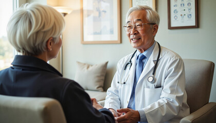Fototapeta premium Elderly Asian doctor smiling while consulting with a patient, medical care