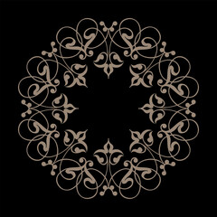 Abstract gold ornament. Round frame medallion with arabesques and floral elements. European ornament. Circle, ring Ancient Greece, Roman Empire. For household utensil, textile, embroidery, porcelain