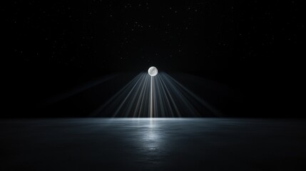 Radiant beams of light emanating from a luminous moon, stars sparkling vividly in a serene celestial display