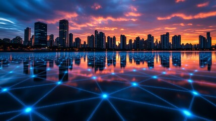 Modern City Skyline with Interconnected Digital Network, Urban Technology Concept at Sunset