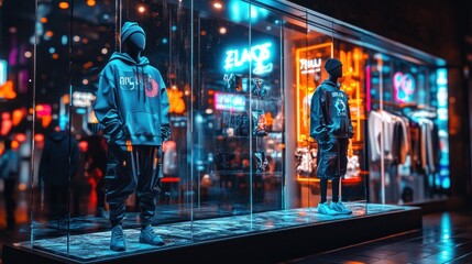Mannequins in trendy streetwear displayed in a vibrant neon-lit storefront at night.