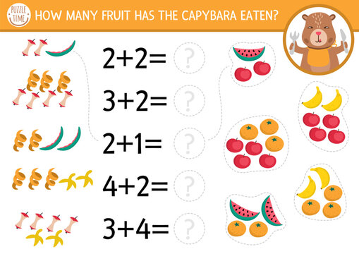 How many fruit game with cute capybara. Capibara math addition activity for preschool children. Simple printable counting worksheet for kids with apple, tangerine, watermelon, banana and their peel