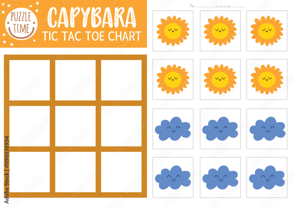 Wall mural Vector capybara tic tac toe chart with cute kawaii sun and cloud. Capibara board game playing field with cute characters. Funny printable worksheet. Noughts and crosses grid