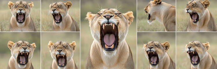 A muted color shot of an adult lioness, arranged in a grid of ten images