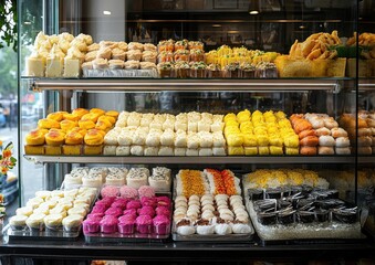 Fototapeta premium A Colorful Display of Assorted Pastries and Desserts in a Bakery Showcase Featuring Various Sweet Treats and Delicacies for All Occasions
