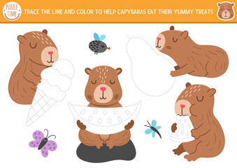 Capybara drawing, writing, tracing and coloring activity for kids with cute animals eating ice-cream, watermelon, pear. Capibara preschool printable activity, game, handwriting practice puzzle