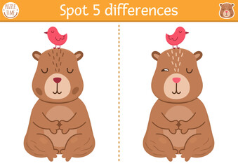 Find differences game for children. Capybara educational activity with cute animal meditating with bird on his head. Puzzle for kids with capibara. Printable worksheet or page for logic, attention