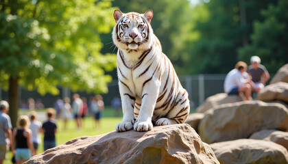 Majestic white tiger resting on rock in zoo, nature's beauty