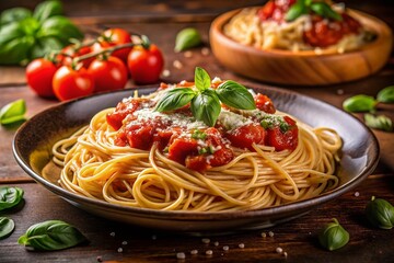 Delicious Classic Italian Spaghetti with Tomato Sauce, Parmesan, and Basil - Night Photography