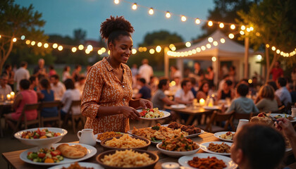 Joyful African woman serving food at vibrant evening gathering, community spirit