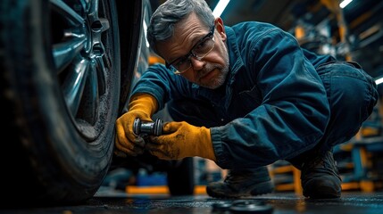 Mechanic repairing car tire in garage. (1)