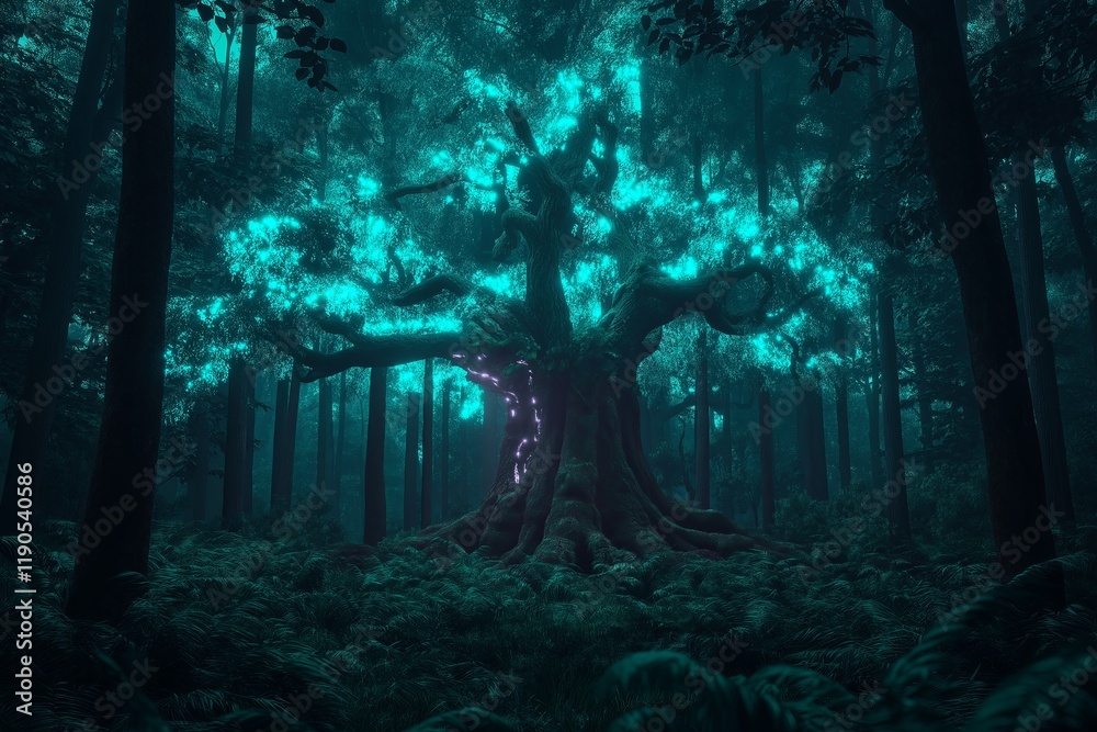 Poster a mystical forest with an ancient tree glowing with blue and purple energy.