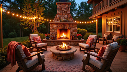 Cozy outdoor fireplace with fairy lights on rustic patio, warm ambiance