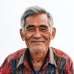 Fototapeta premium Smiling elderly man with gray hair wearing plaid shirt