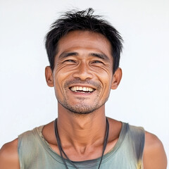 Obraz premium Smiling man with short hair, wearing tank top, isolated on white