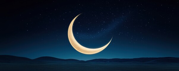 Naklejka premium Ethereal trails spiraling around a glowing crescent moon, vibrant stars illuminating the celestial expanse