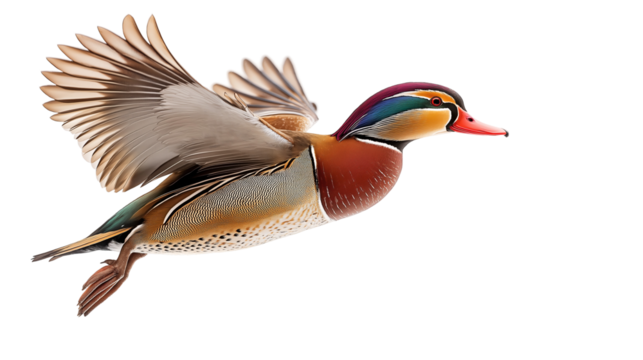 Mandarin duck in graceful flight showcasing vibrant colors and unique plumage against a clear backdrop