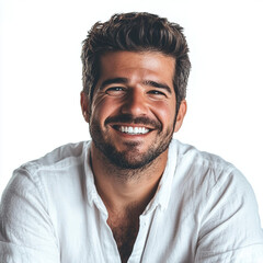 Obraz premium Smiling man with short hair wearing white shirt, isolated on white