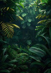 Lush Tropical Foliage with Sunlight Filtering Through in a Mystical Rainforest