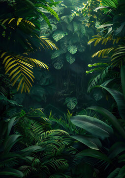 Fototapeta Lush Tropical Foliage with Sunlight Filtering Through in a Mystical Rainforest