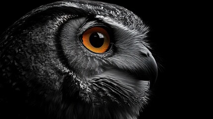 An owl's face emerges from a stark black background