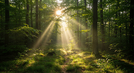Obraz premium A forest path bathed in sunlight, casting long shadows and creating a sense of wonder, with a vibrant burst of sunlight piercing through the dense foliage