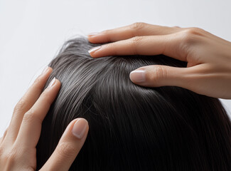 Naklejka premium Close-up View of Hands Gently Massaging Scalp, Highlighting Healthy Dark Hair