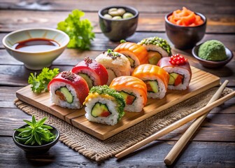 Delicious Sushi Rolls with Ginger and Chopsticks - Asian Cuisine Stock Photo