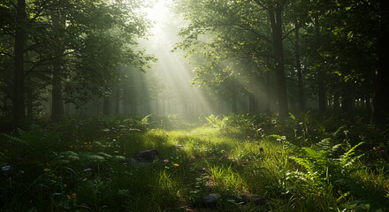 Obraz premium Sunlight rays streaming through the leaves of a lush green forest, creating a mystical atmosphere, with a captivating scene of sunlight filtering through the trees